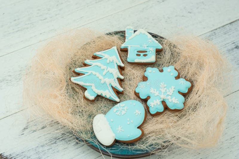 Christmas cookies with blue icing, selective focus. Winter sweets theme royalty free stock photos Christmas cookies with blue icing, selective focus. Winter sweets theme royalty free stock photos