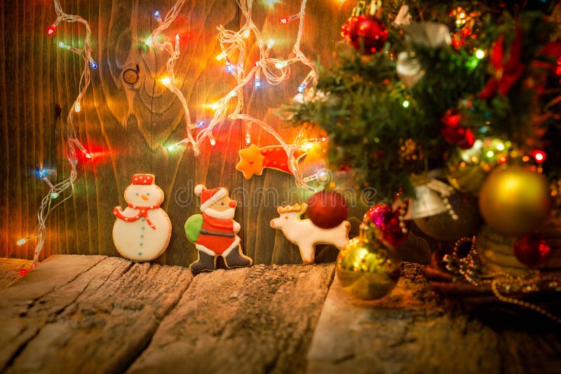 Christmas Cookies On Rustic Table In Christmas Night Stock Image ...