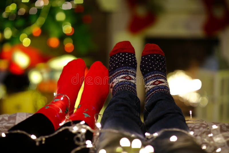 Christmas couple at home in Winter stock image