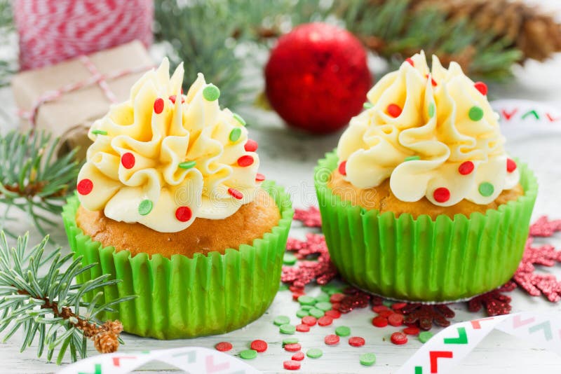 Christmas Cupcakes with Buttercream Frosting and Sugar Confetti Stock ...