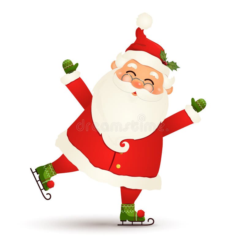 Christmas Cute, Cheerful, funny Santa Claus ice skating and greeting isolated on white background. Santa clause for