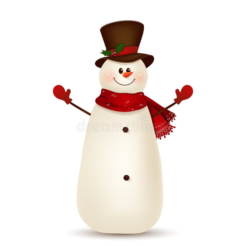 Christmas Cute, Cheerful, funny snowman waving hands and greeting isolated on white background. Snowman for winter and