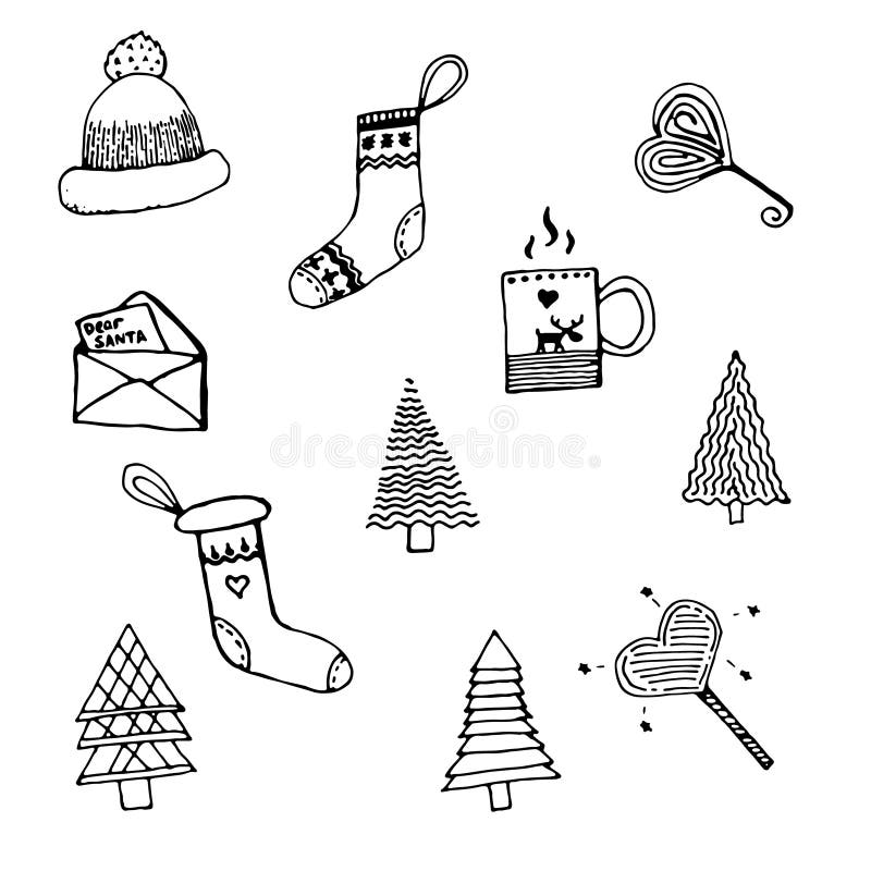 Christmas Cute Doodle Set with Christmas Trees, Mouse with Heart, Socks ...