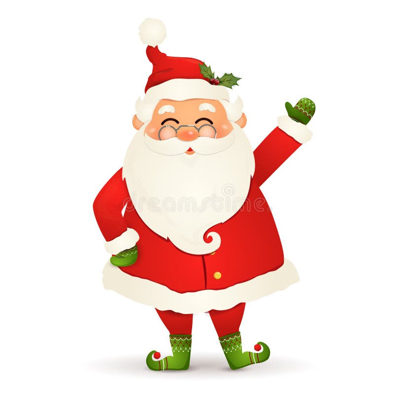 Christmas Cute, happy Santa Claus with a raised right hand and greeting isolated on white background. Santa clause for winter and