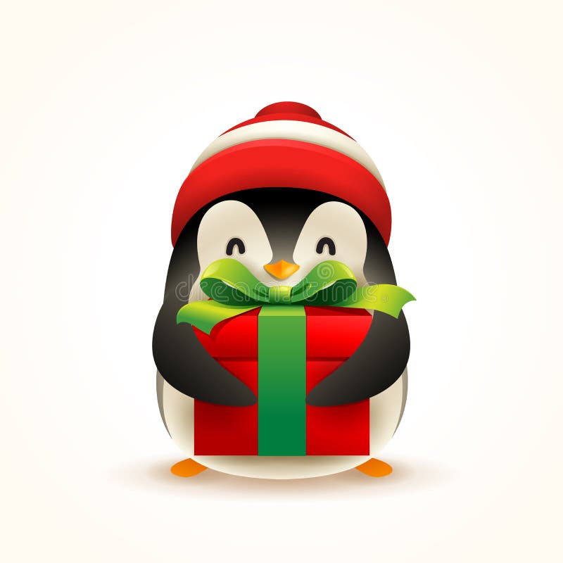 Christmas Cute Little Penguin with Santaâ€™s Cap and Gift Present.