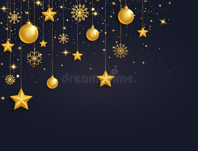 Christmas 3d gold balls, stars and snowflakes garland. Golden glass xmas toys. Luxury hanging baubles with ribbon