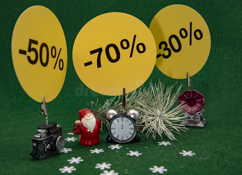 Christmas Decor with Signs Indicating the Percentage of the Sale on a ...