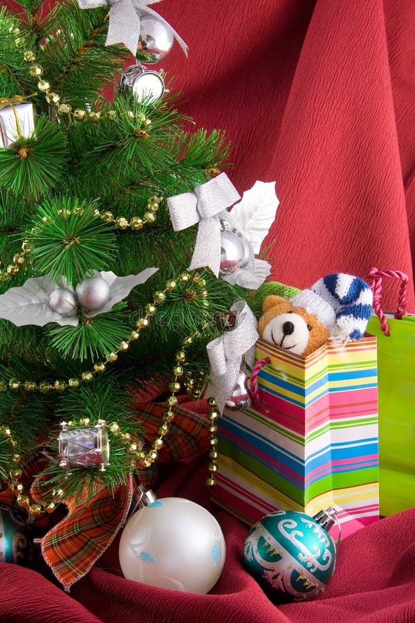 Christmas Decorated Furtree and Packages Stock Image Image of