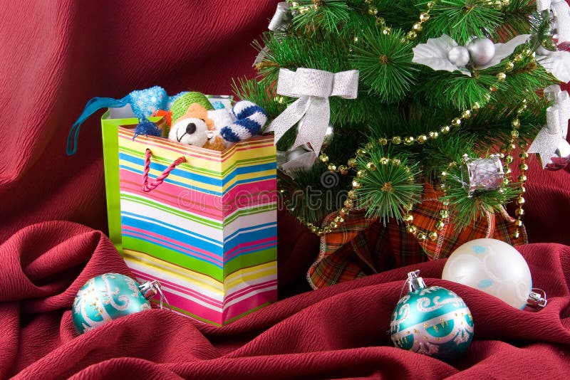 Christmas Decorated Furtree and Packages Stock Image Image of green
