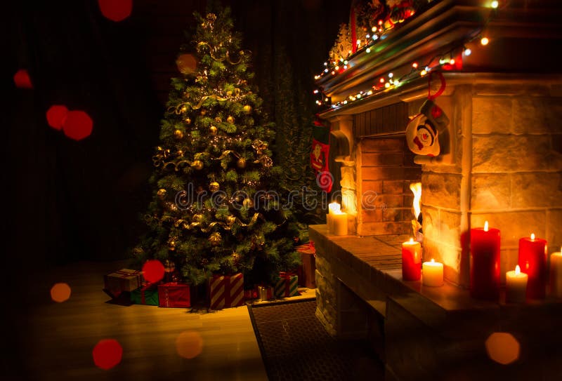 Living Room Interior with Decorated Fireplace and Christmas Tree Stock ...