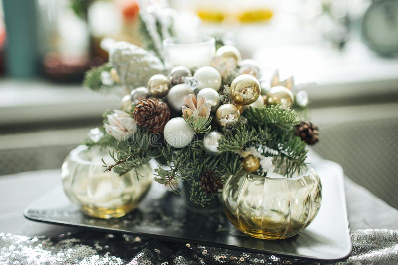 Christmas decorated table candles in the room stock photography