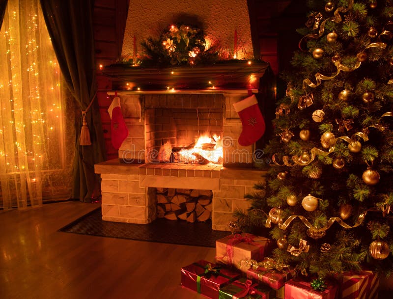 Christmas Decorated Tree in Dark Interior with Fireplace and Window ...