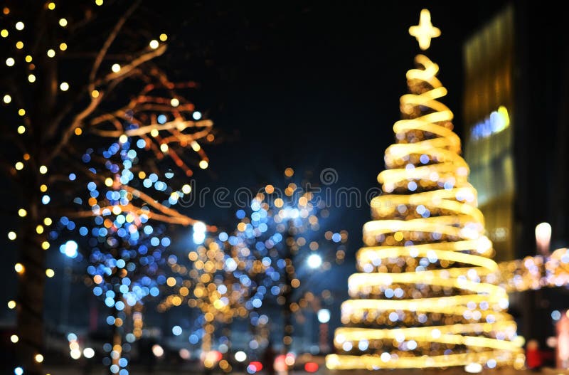Christmas Decoration Background with Golden and Blue Lights Glowing