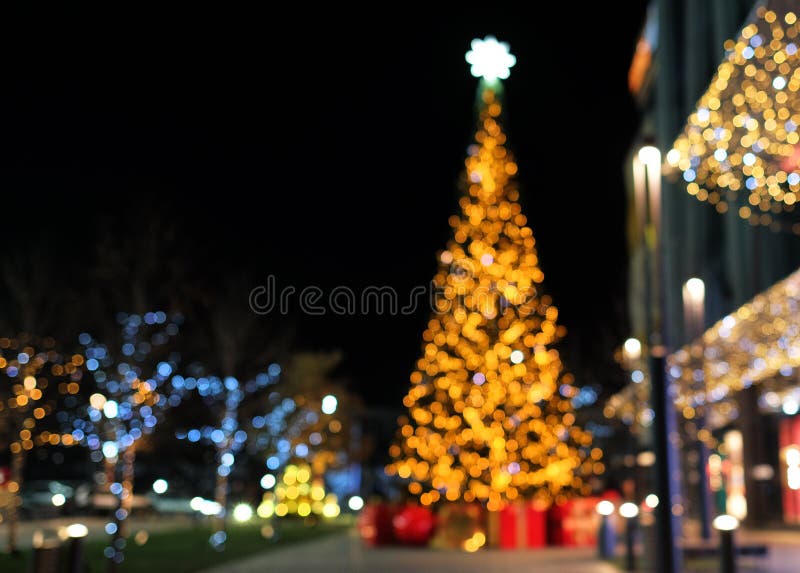 Christmas Decoration Background with Golden and Blue Lights Glowing