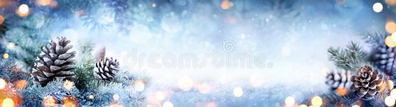 Christmas Decoration Banner - Snowy Pine Cones On Fir Branch