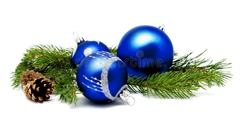 Christmas decoration blue balls with fir cones and fir tree bran