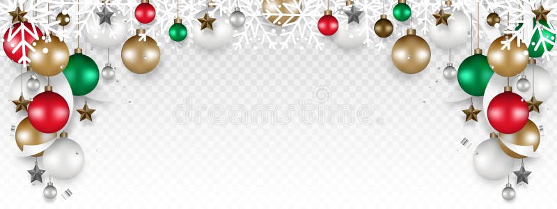 Christmas decoration border with White snowflake, Christmas ball, Stars, and Ribbon hanging on transparent background.