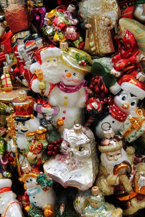 Close-up of Christmas tree ornaments, vintage christmas decoration