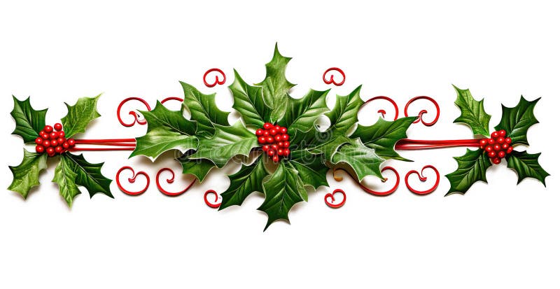 Christmas decoration garland from holly berries and leaves, with red ribbon on white background. Winter festive nature concept.