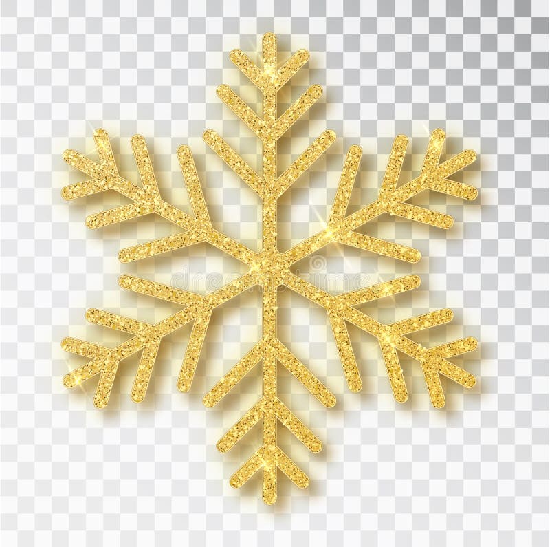 Christmas decoration, golden snowflake covered bright glitter, on transparent background. Xmas ornament gold snow with