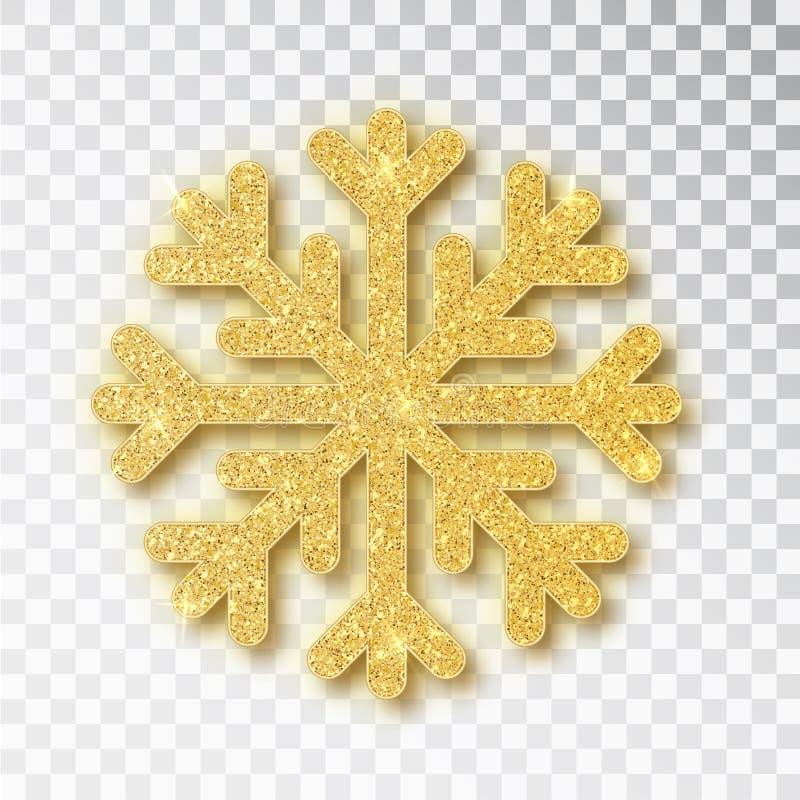 Christmas decoration, golden snowflake covered bright glitter, on transparent background. Xmas ornament gold snow with