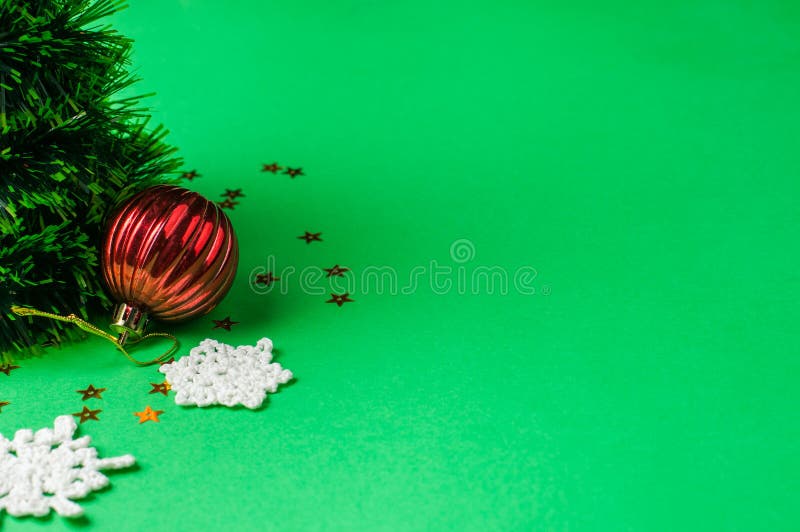 Christmas Decoration on the Green Background. Ornaments, Snowflakes ...