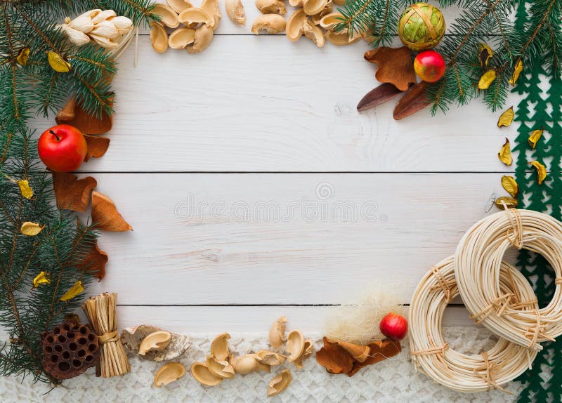 Christmas Decoration Handmade Frame On White Wood 