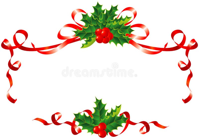 Vianočné dekorácie / holly a stuhy hraníc / vektorové ilustrácie.