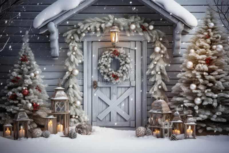 Christmas decoration of house porch, front wooden door on winter holiday. Home entrance with festive trees, garland, wreath, snow