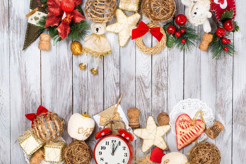 Christmas decoration over wooden background. Winter holidays concept. Space for text. stock photos Christmas decoration over wooden background. Winter holidays concept. Space for text. stock photos
