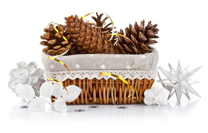 Christmas decoration with pinecone in basket