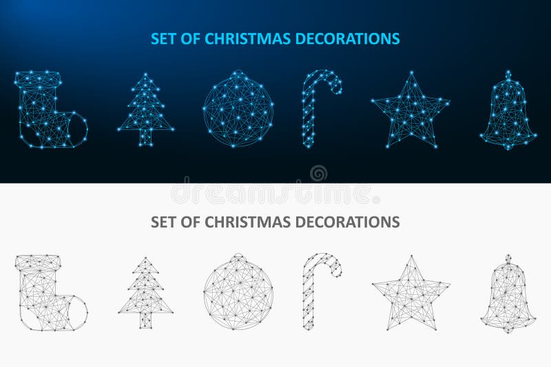 Christmas decoration set made by dot and line. Low poly holiday ornaments polygonal wireframe mesh. Vector.