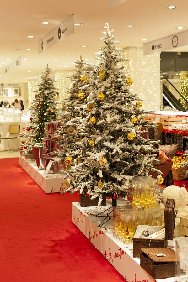 Shelves with variety of Christmas-tree decorations inside rinascente Roma. Shelves with variety of Christmas-tree decorations inside rinascente Roma