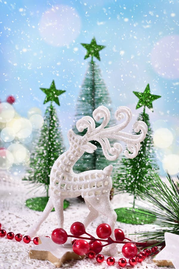 Christmas Decoration with White Reindeer Stock Image Image of still