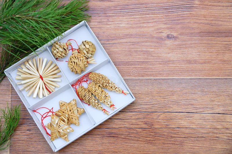 Christmas Decorations in a Box Next To the Tree. Stock Photo  Image of