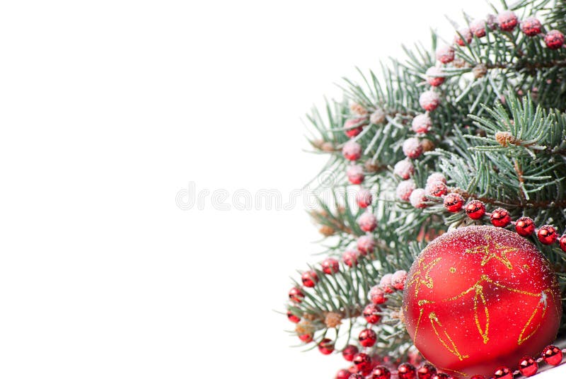 Christmas Decorations with Branch of Tree on White Stock Photo Image
