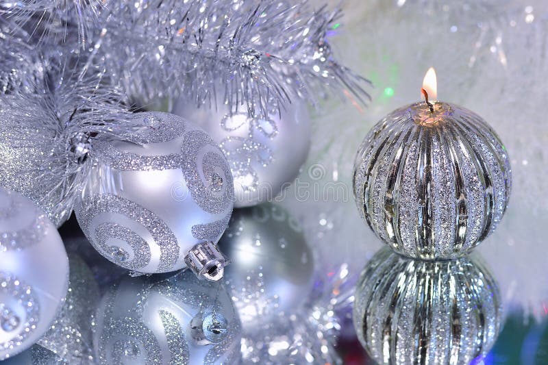 Christmas Decorations with Candle and Silver Balls Stock Image Image