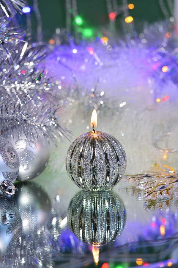 Christmas Decorations with Candle and Silver Balls Stock Image Image