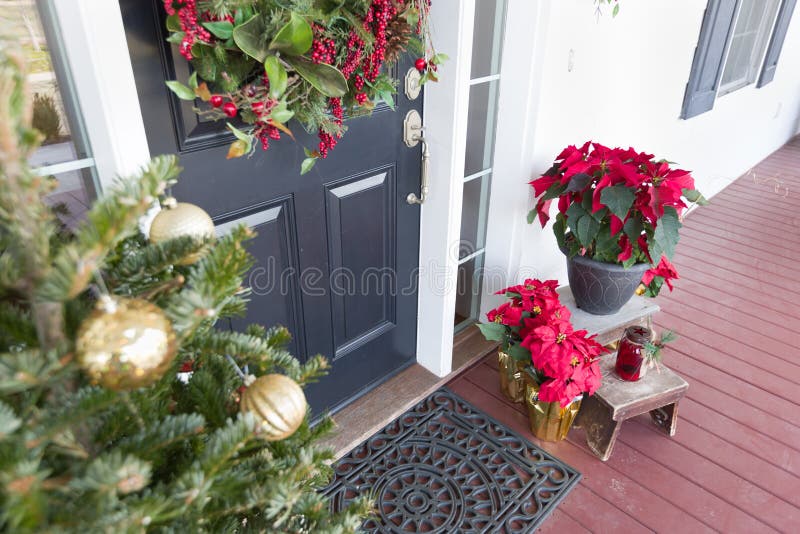 Christmas Decorations at Front Door of House Stock Image - Image of