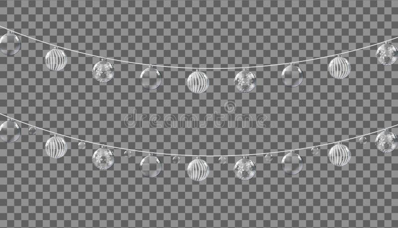 Christmas decorations, garlands  with balls isolated on transparent background. Vector Illustration