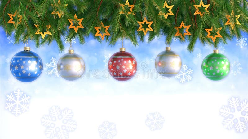 Christmas Decorations Hanging and Rotating From Twigs- 3D render. Seamless loop royalty free illustration