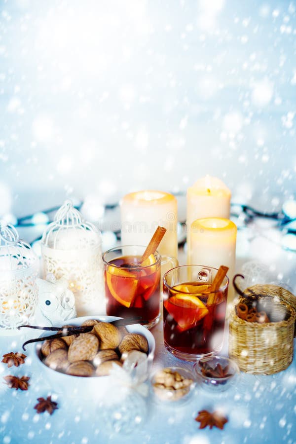 Christmas Decorations with Mulled Wine and Snow