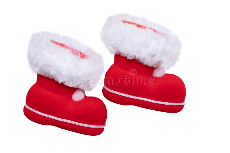 Christmas decorations. A pair of red Christmas boots or Santa Claus boots isolated on a white background royalty free stock photos Christmas decorations. A pair of red Christmas boots or Santa Claus boots isolated on a white background royalty free stock photos