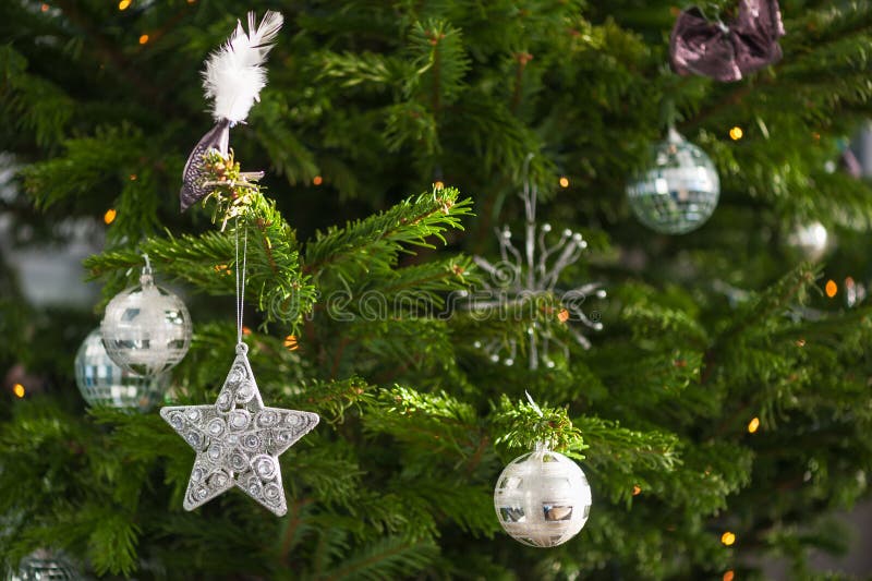 Christmas Decorations on a Pine Tree Stock Photo Image of light