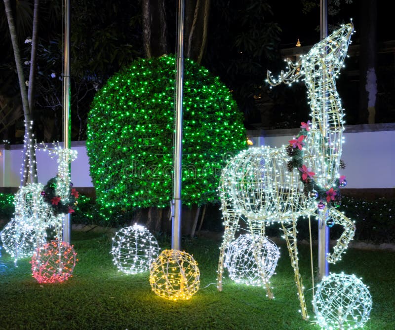 Christmas decorations on the street. A deer made from glowing Christmas lights. Festive decor royalty free stock photography Christmas decorations on the street. A deer made from glowing Christmas lights. Festive decor royalty free stock photography
