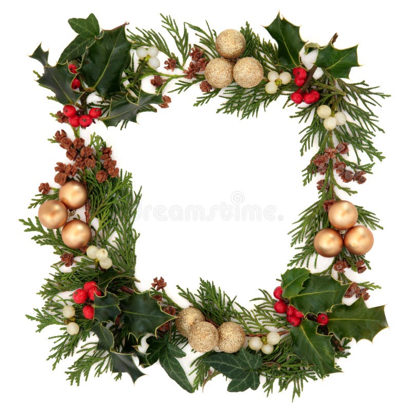 Christmas decorative border of holly, mistletoe, ivy, cedar and gold baubles over white background.