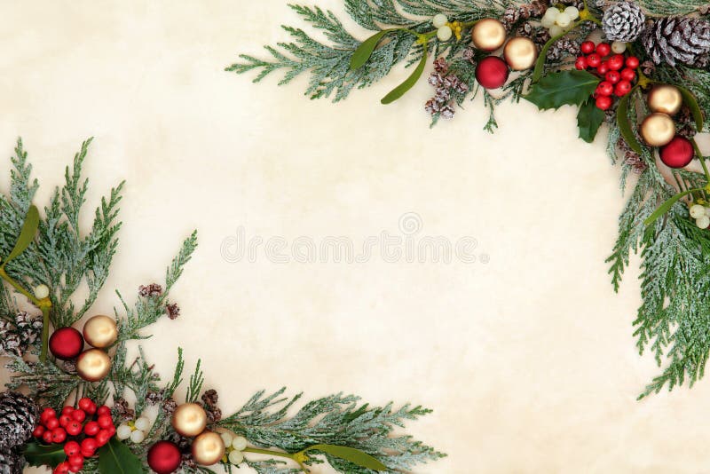 Christmas decorative background border on parchment paper with red