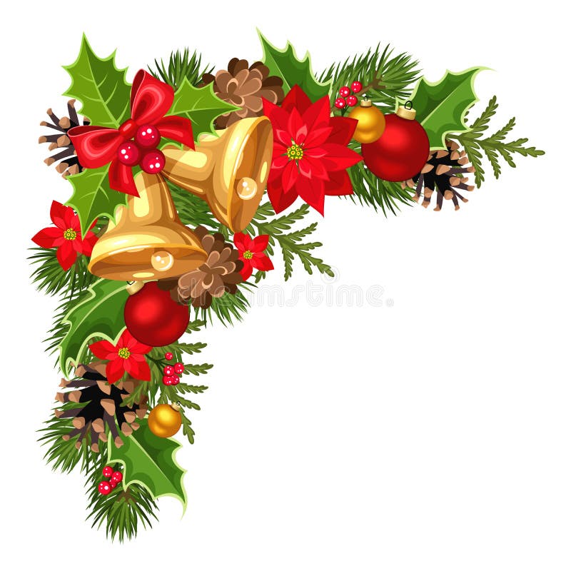 Christmas decorative corner with fir-tree branches, balls, bells, holly, poinsettia and cones. Vector illustration.