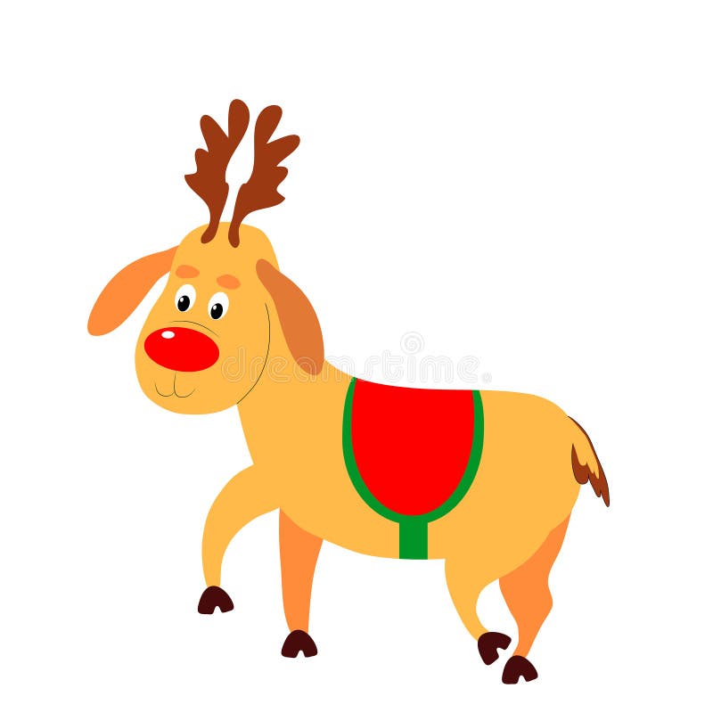 Christmas deer with red nose Isolated on a white background. There is a red blanket on the animal.