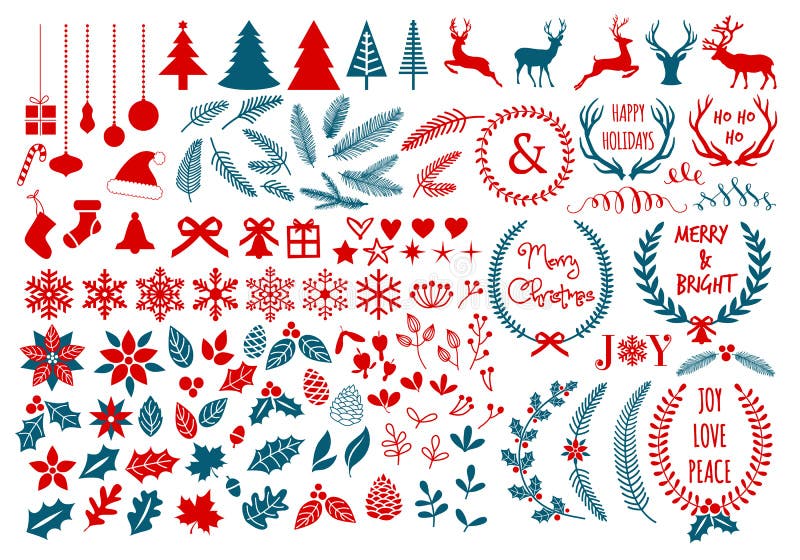 Velká Vánoční sada s květy, vavřínový věnec, sněhové vločky a parohy, vektorové prvky návrhu.